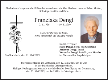 Traueranzeige von Franziska Dengl von merkurtz