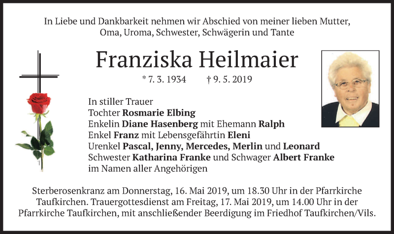  Traueranzeige für Franziska Heilmaier vom 14.05.2019 aus merkurtz