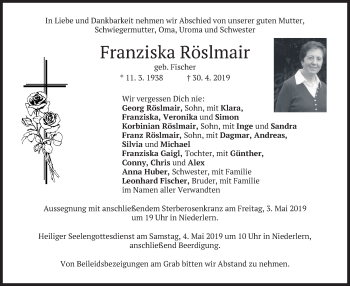 Traueranzeige von Franziska Röslmair von merkurtz
