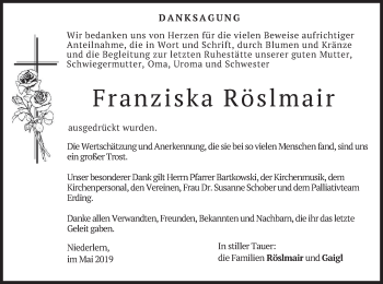 Traueranzeige von Franziska Röslmair von merkurtz