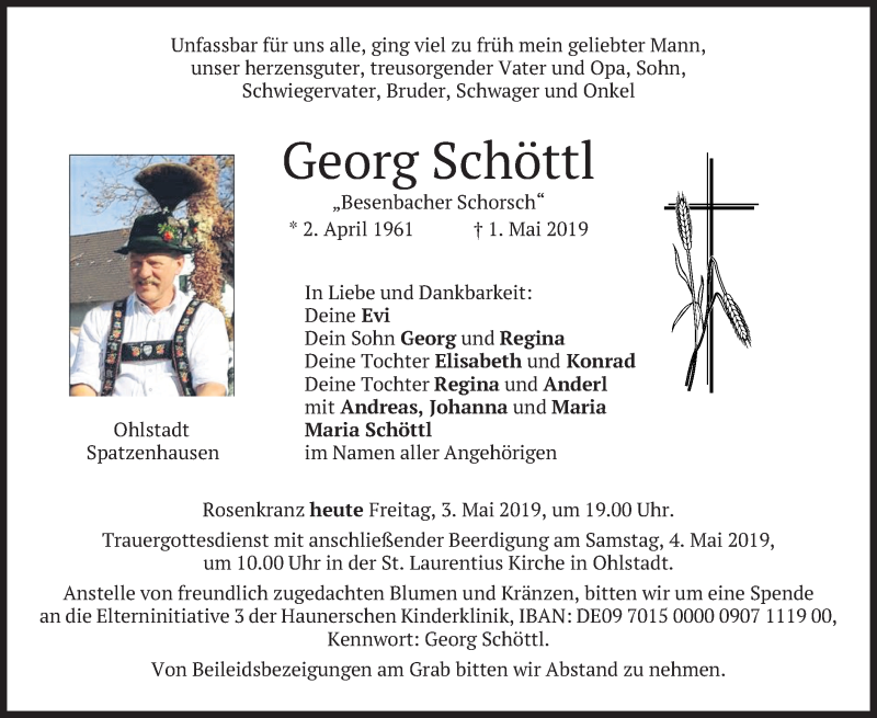  Traueranzeige für Georg Schöttl vom 03.05.2019 aus merkurtz