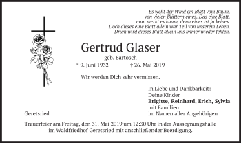 Traueranzeige von Gertrud Glaser von merkurtz