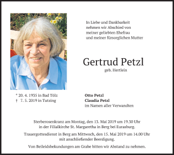 Traueranzeige von Gertrud Petzl von merkurtz