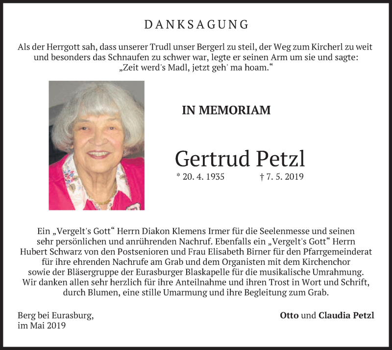  Traueranzeige für Gertrud Petzl vom 25.05.2019 aus merkurtz