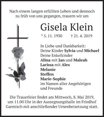 Traueranzeige von Gisela Klein von merkurtz