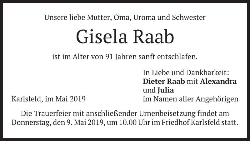  Traueranzeige für Gisela Raab vom 07.05.2019 aus merkurtz
