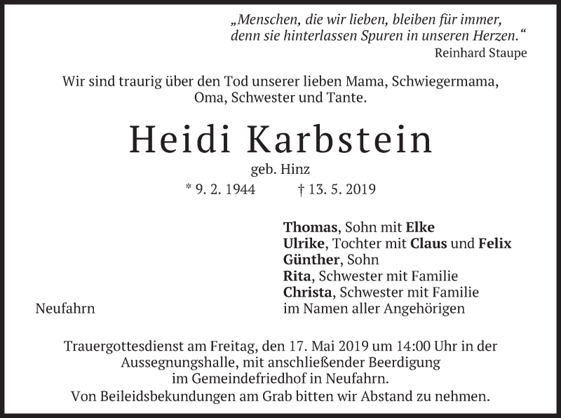  Traueranzeige für Heidi Karbstein vom 15.05.2019 aus merkurtz