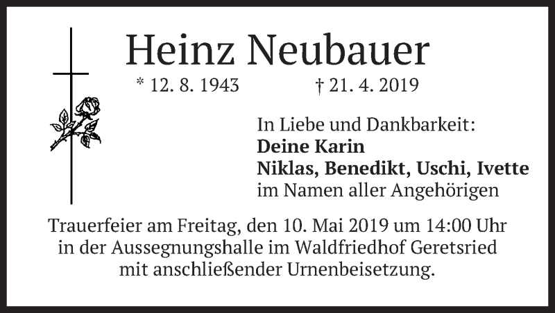  Traueranzeige für Heinz Neubauer vom 04.05.2019 aus merkurtz