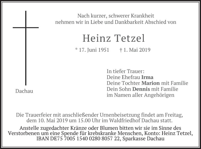  Traueranzeige für Heinz Tetzel vom 07.05.2019 aus merkurtz