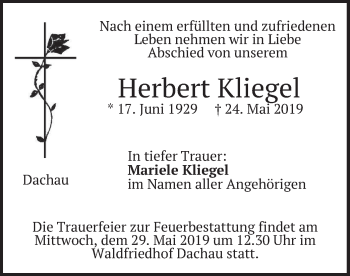 Traueranzeige von Herbert Kliegel