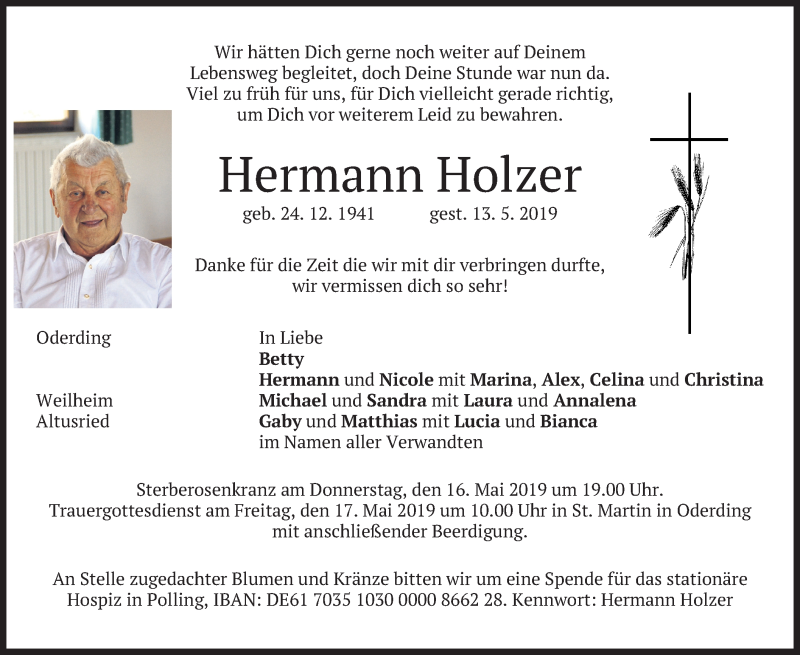  Traueranzeige für Hermann Holzer vom 15.05.2019 aus merkurtz