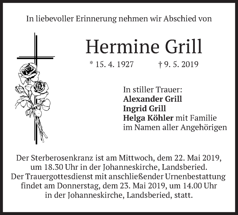 Traueranzeige für Hermine Grill vom 18.05.2019 aus merkurtz