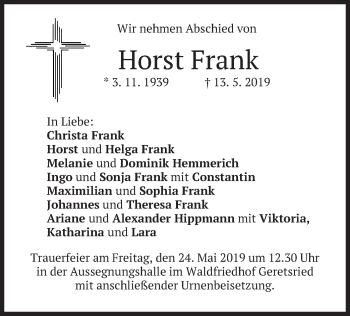 Traueranzeige von Horst Frank von merkurtz