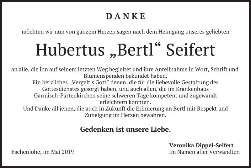  Traueranzeige für Hubertus Bertl Seifert vom 04.05.2019 aus merkurtz