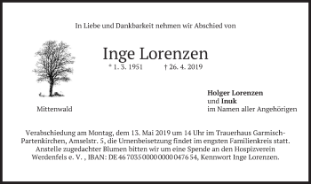 Traueranzeige von Inge Lorenzen von merkurtz