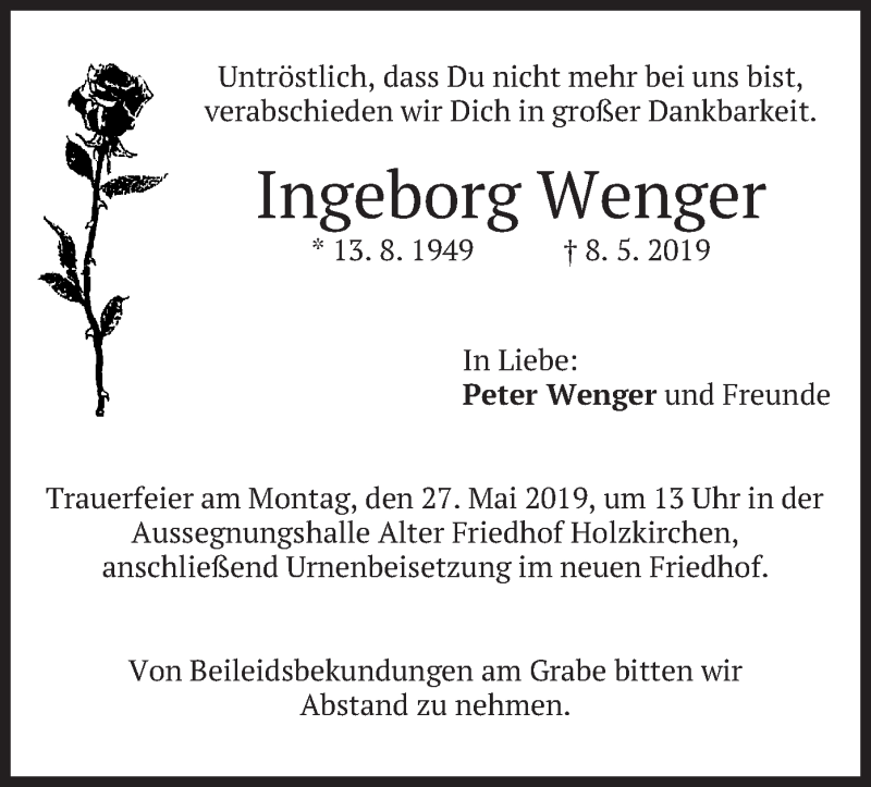  Traueranzeige für Ingeborg Wenger vom 23.05.2019 aus merkurtz