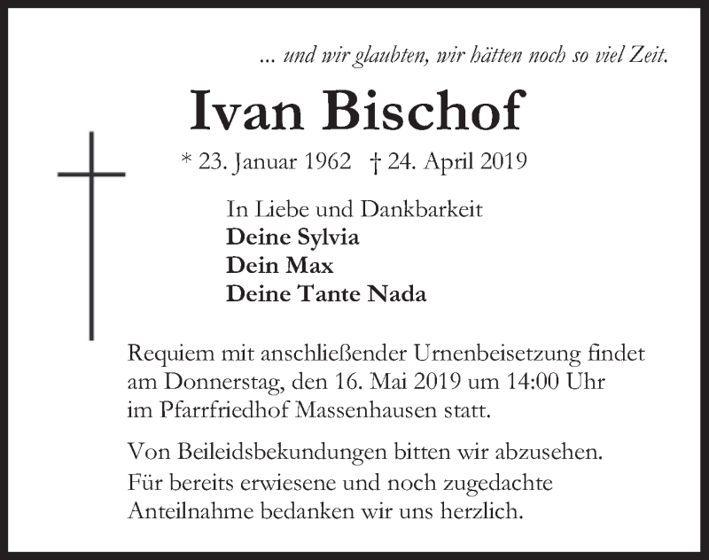  Traueranzeige für Ivan Bischof vom 13.05.2019 aus merkurtz