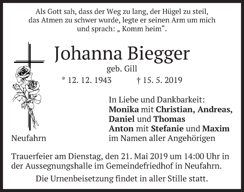 Traueranzeigen von Johanna Biegger | trauer.merkur.de