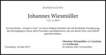 Traueranzeige von Johannes Wiesmüller von merkurtz