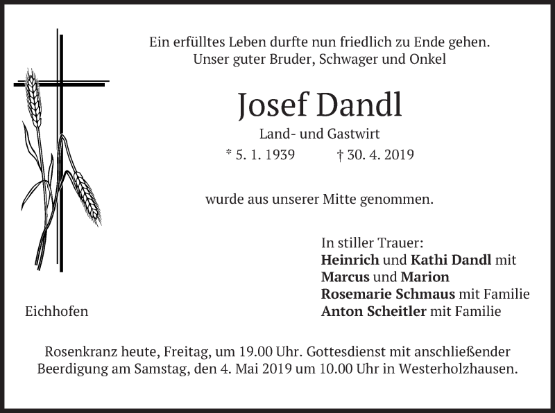  Traueranzeige für Josef Dandl vom 03.05.2019 aus merkurtz