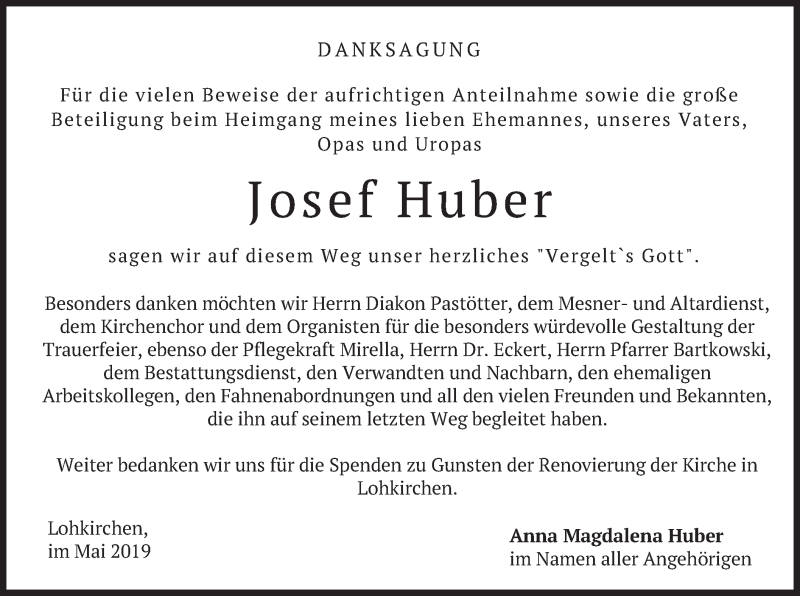 Traueranzeige für Josef Huber vom 11.05.2019 aus merkurtz