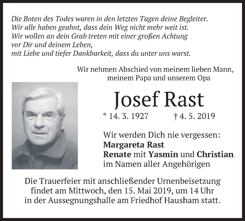 Traueranzeigen von Josef Rast | trauer.merkur.de