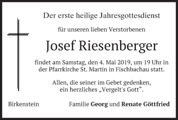 Traueranzeige von Josef Riesenberger von merkurtz