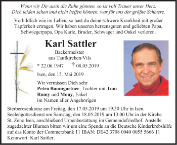 Traueranzeige von Karl Sattler von merkurtz