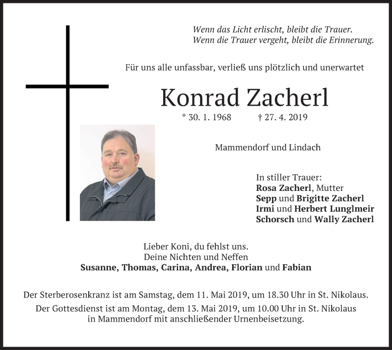  Traueranzeige für Konrad Zacherl vom 08.05.2019 aus merkurtz