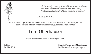 Traueranzeige von Leni Oberhauser von merkurtz