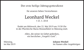 Traueranzeige von Leonhard Weckel von merkurtz