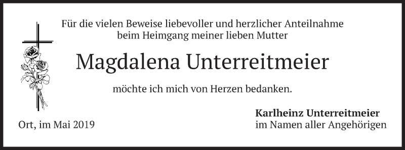  Traueranzeige für Magdalena Unterreitmeier vom 11.05.2019 aus merkurtz