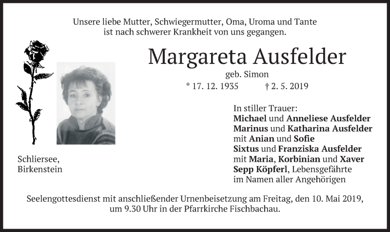  Traueranzeige für Margareta Ausfelder vom 08.05.2019 aus merkurtz