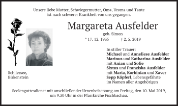Traueranzeige von Margareta Ausfelder von merkurtz