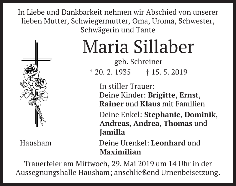  Traueranzeige für Maria Sillaber vom 25.05.2019 aus merkurtz