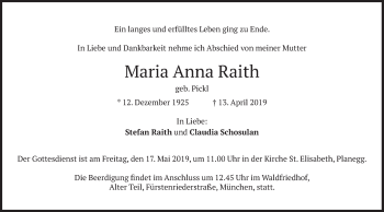 Traueranzeigen von Maria Anna Raith | trauer.merkur.de