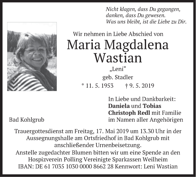  Traueranzeige für Maria Magdalena Wastian vom 15.05.2019 aus merkurtz