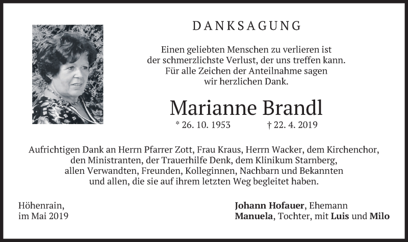  Traueranzeige für Marianne Brandl vom 03.05.2019 aus merkurtz
