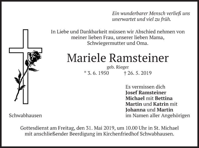  Traueranzeige für Mariele Ramsteiner vom 29.05.2019 aus merkurtz