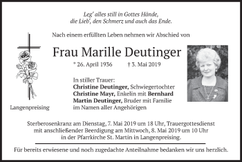 Traueranzeige von Marille Deutinger von merkurtz