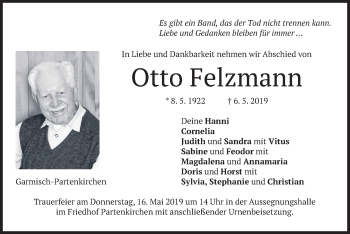 Traueranzeige von Otto Felzmann von merkurtz