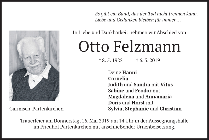  Traueranzeige für Otto Felzmann vom 11.05.2019 aus merkurtz