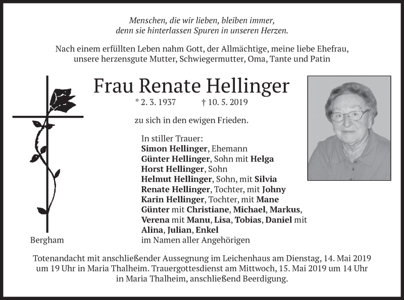  Traueranzeige für Renate Hellinger vom 13.05.2019 aus merkurtz