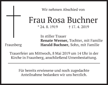 Traueranzeige von Rosa Buchner von merkurtz