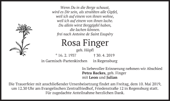 Traueranzeige von Rosa Finger von merkurtz