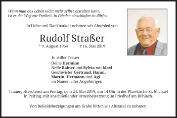 Traueranzeige von Rudolf Straßer von merkurtz