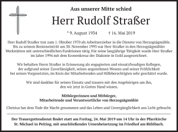 Traueranzeige von Rudolf Straßer von merkurtz