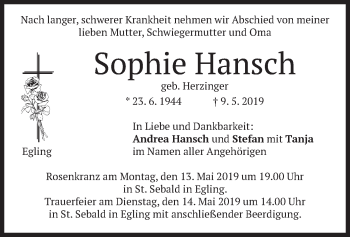Traueranzeige von Sophie Hansch von merkurtz