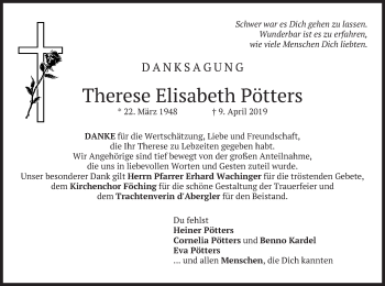 Traueranzeige von Therese Elisabeth Pötters von merkurtz