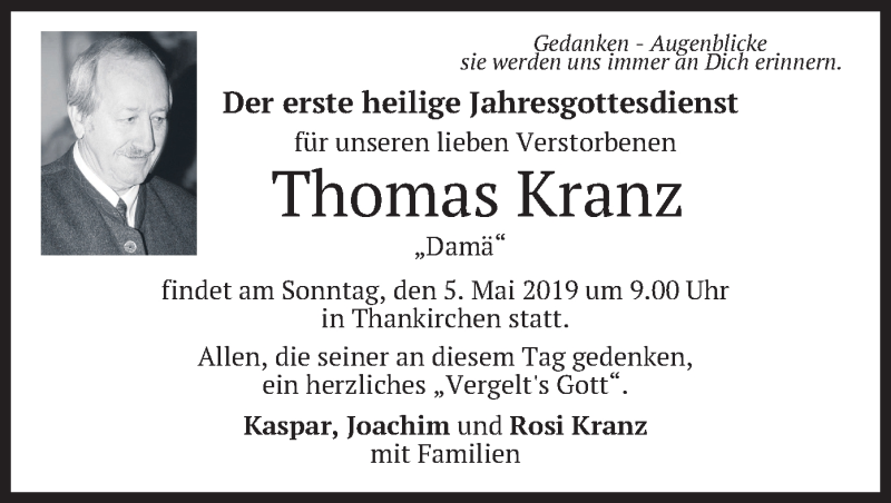  Traueranzeige für Thomas Kranz vom 03.05.2019 aus merkurtz
